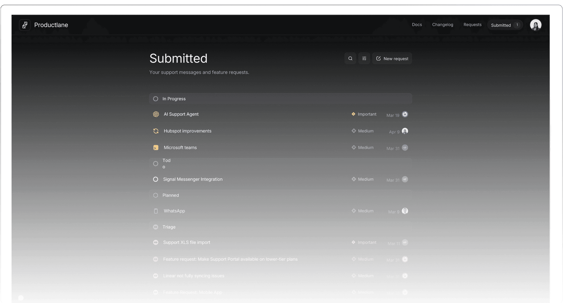 Support portal with embedded widget showing requests and live chat