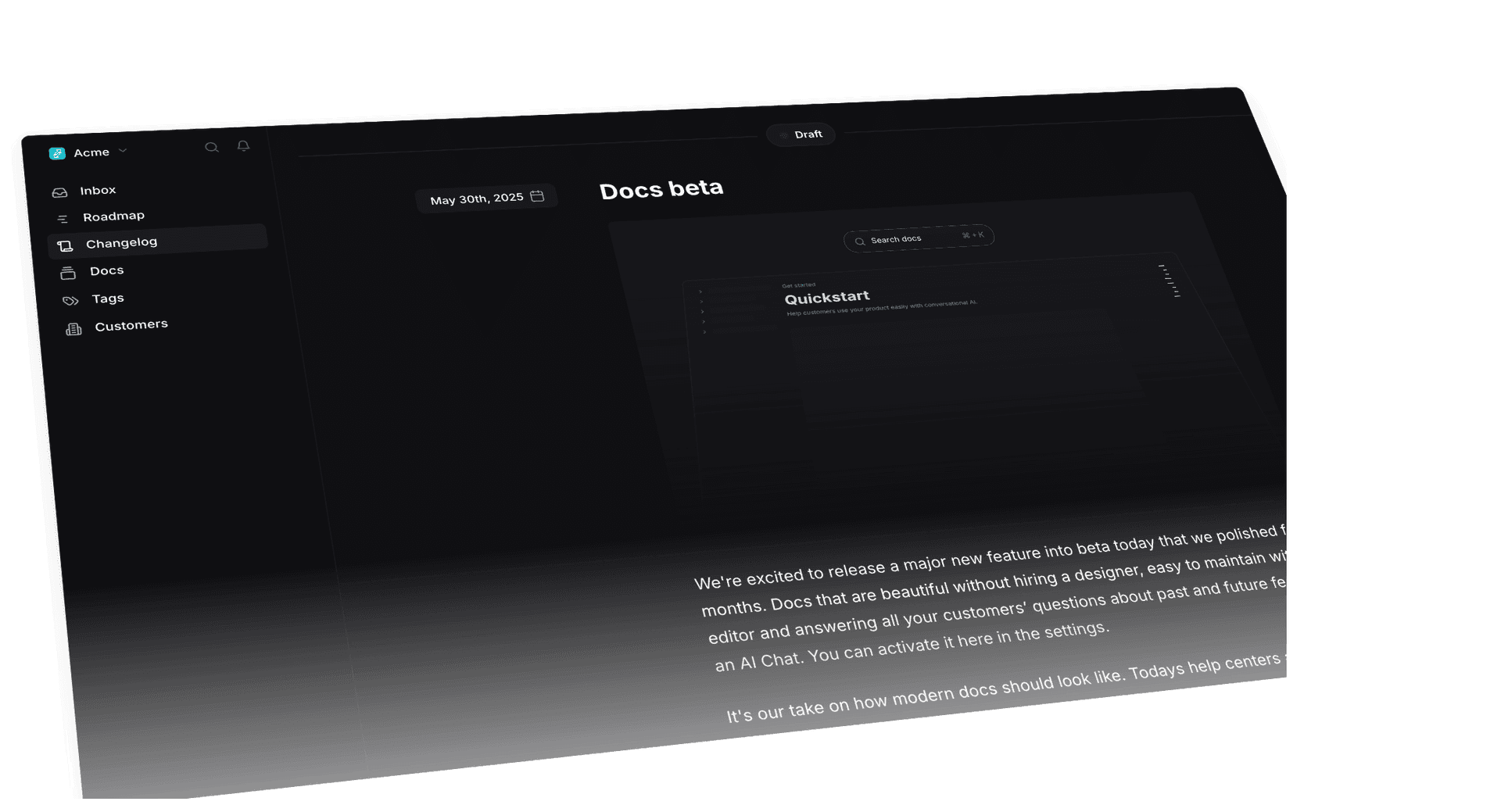 Changelog editor showing Acme dashboard with Docs beta draft